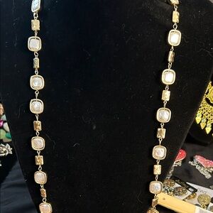 Long Gold Tone with Faux Pearls Necklace!